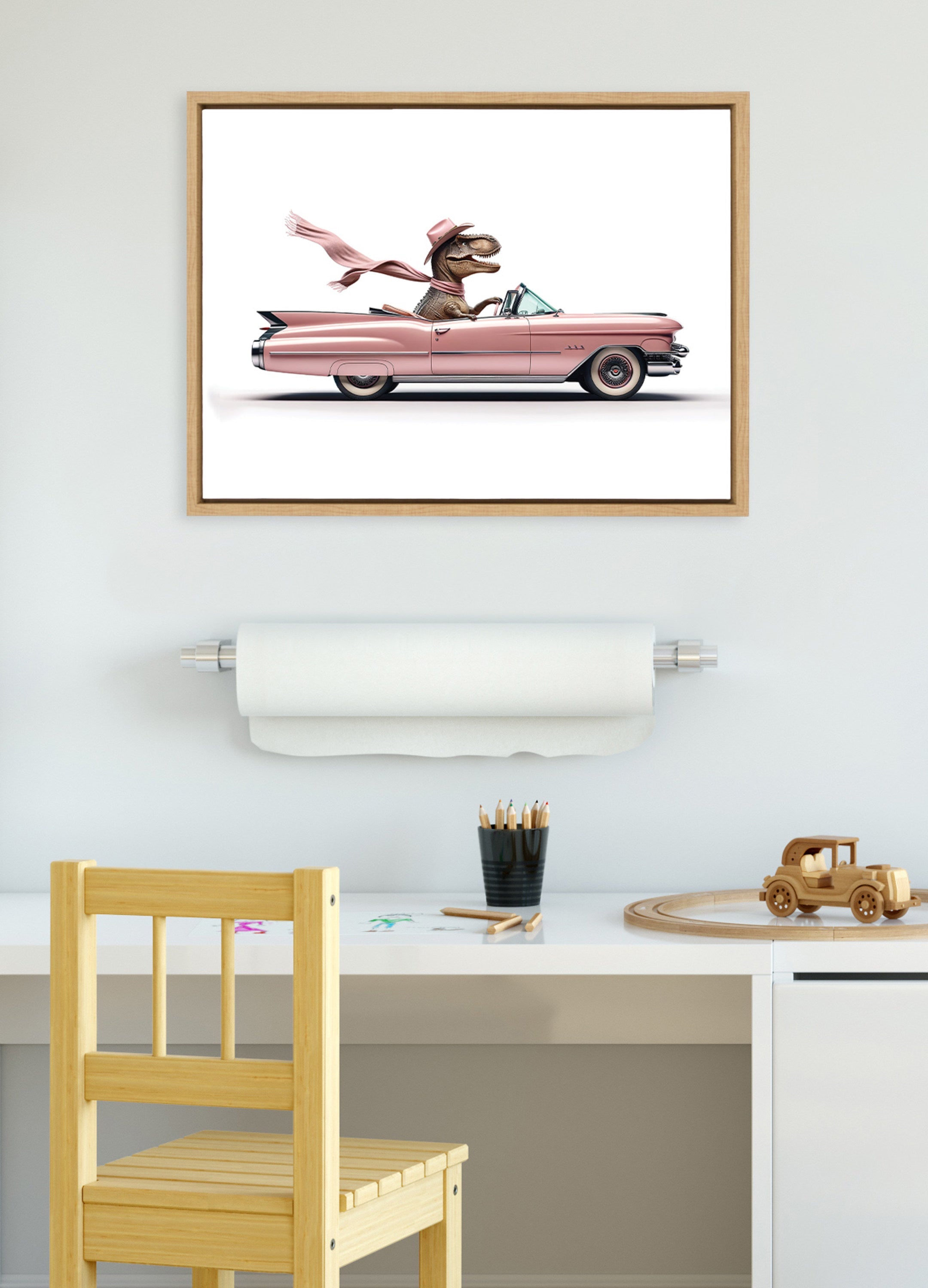Sylvie Cowgirl Dino Driving 1950s Pink Cadillac Framed Canvas by Saint and Sailor Studios