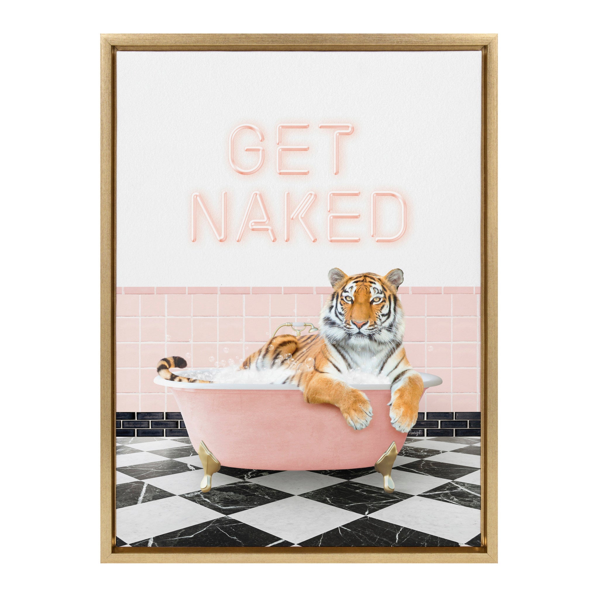 Sylvie Tiger Get Naked Retro Pink Bath Framed Canvas by Amy Peterson Art Studio