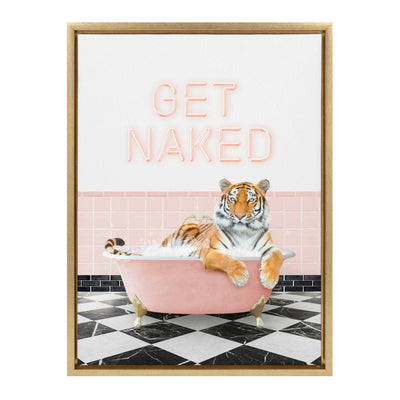 Sylvie Tiger Get Naked Retro Pink Bath Framed Canvas by Amy Peterson Art Studio
