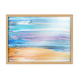 Abstract coastal scene with horizontal bands of soft blue, purple, and sandy beige tones, accented by textured speckles in a natural wood frame.