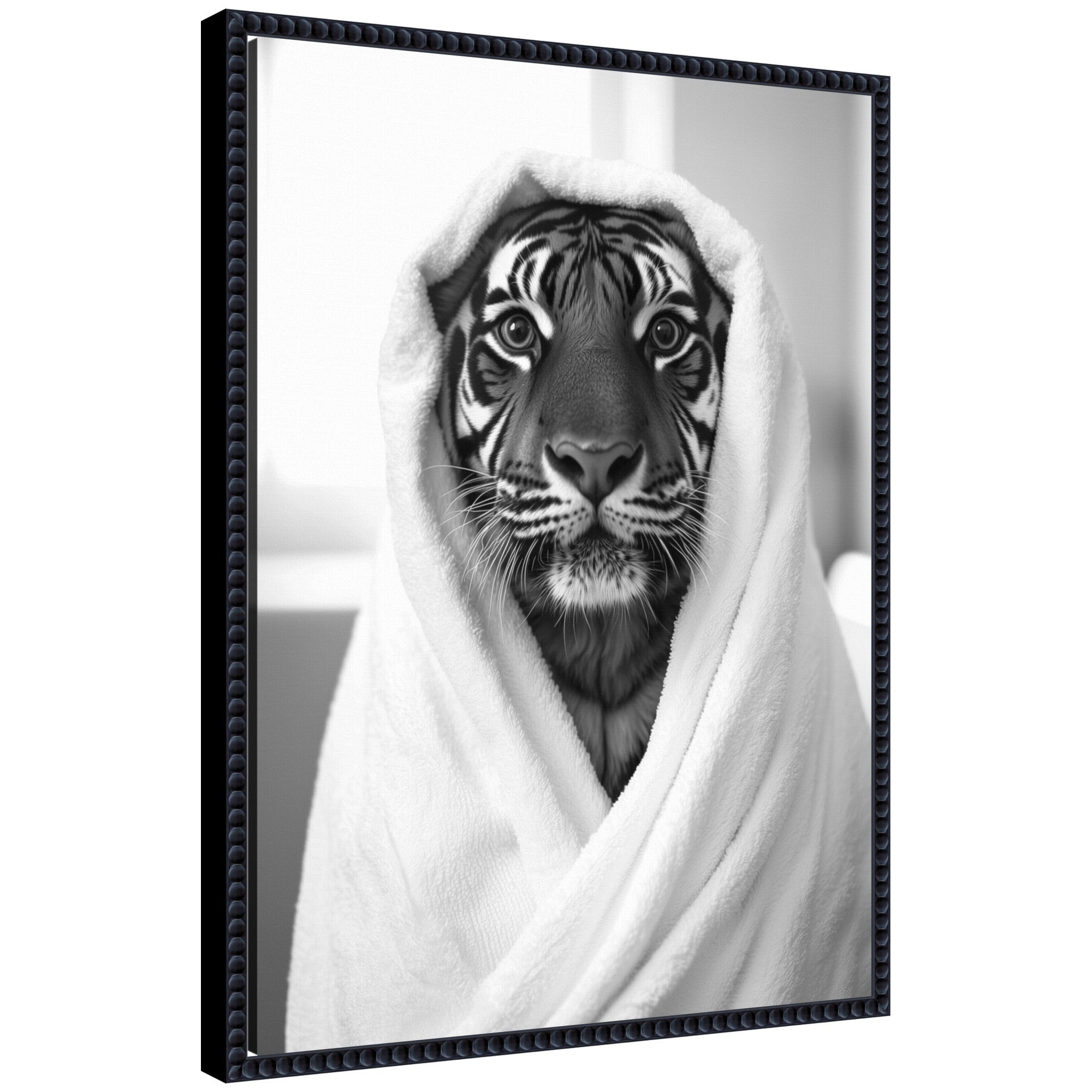 Black and white framed canvas art depicting a tiger, titled Sylvie Tiger Bathroom Art Towel Robe by The Creative Bunch Studio.