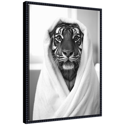 Black and white framed canvas art depicting a tiger, titled Sylvie Tiger Bathroom Art Towel Robe by The Creative Bunch Studio.