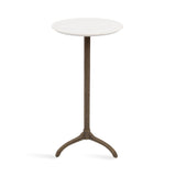 Round white marble side table top with subtle veining, supported by a single dark metal pedestal base with three curved legs.