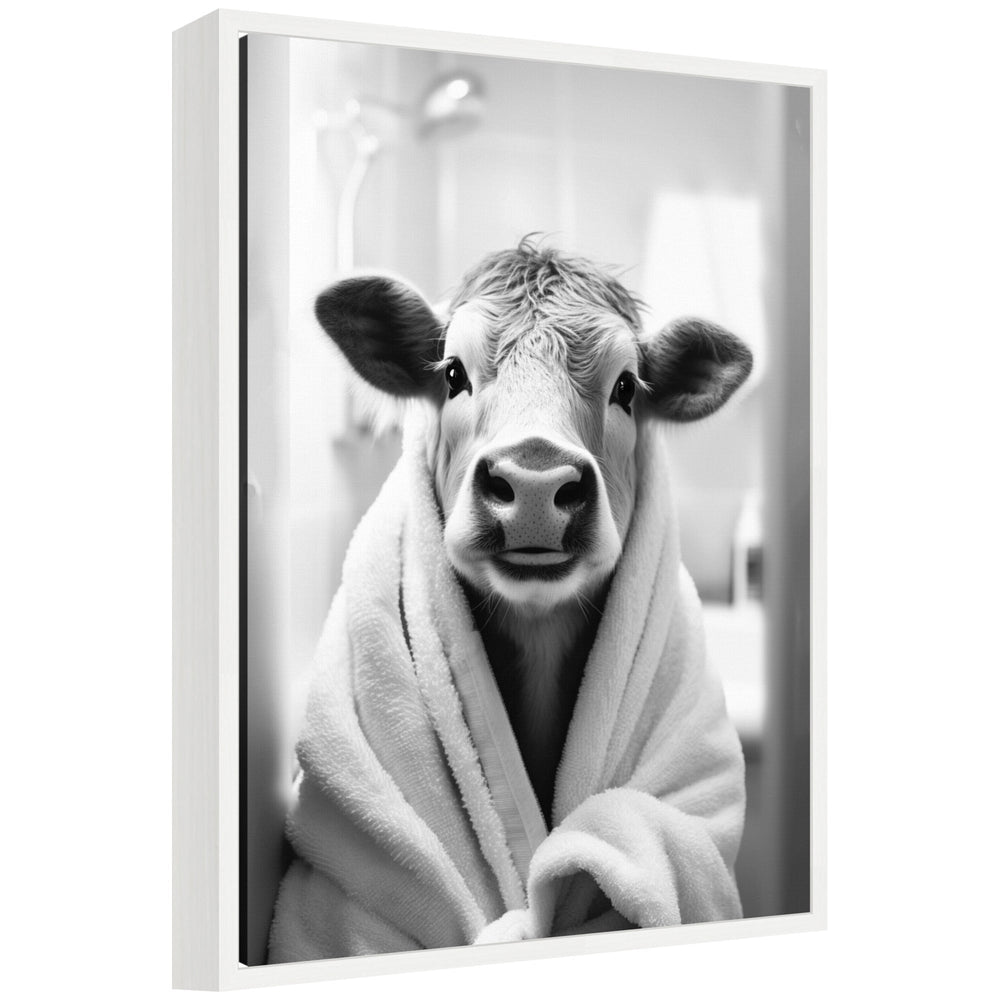 Sylvie Cow Bathroom Art Towel Robe Black and White Framed Canvas by The Creative Bunch Studio shown hung on wall