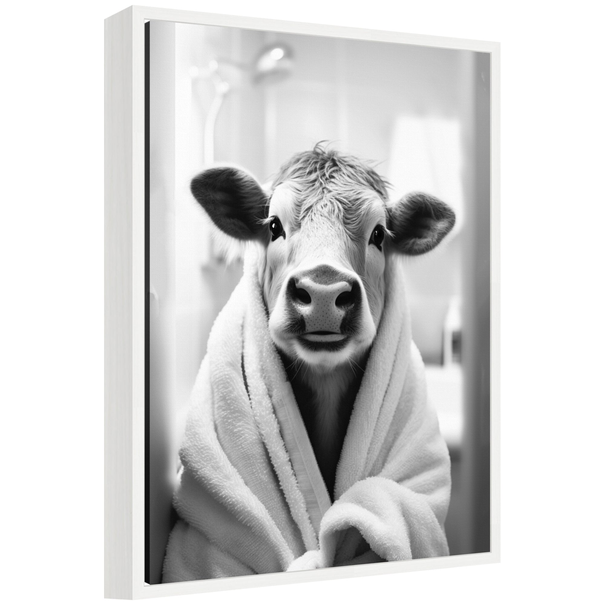 Sylvie Cow Bathroom Art Towel Robe Black and White Framed Canvas by The Creative Bunch Studio shown hung on wall