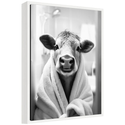 Sylvie Cow Bathroom Art Towel Robe Black and White Framed Canvas by The Creative Bunch Studio shown hung on wall
