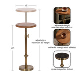 Adjustable wood and brass side table with two round mango wood tabletops, height locking mechanism, and protective bottom pad, shown with measurement details.