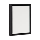 Blank white canvas stretched and mounted in a simple black rectangular frame, viewed at a slight angle against a white background.