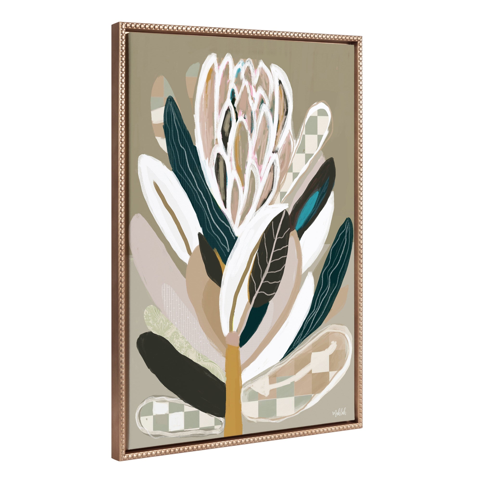 Sylvie Beaded Sage Protea framed canvas art with neutral floral bouquet and gold vintage beaded frame