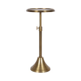 Brushed brass adjustable-height metal drink table with a round hammered top and flared conical base, shown against a white background.