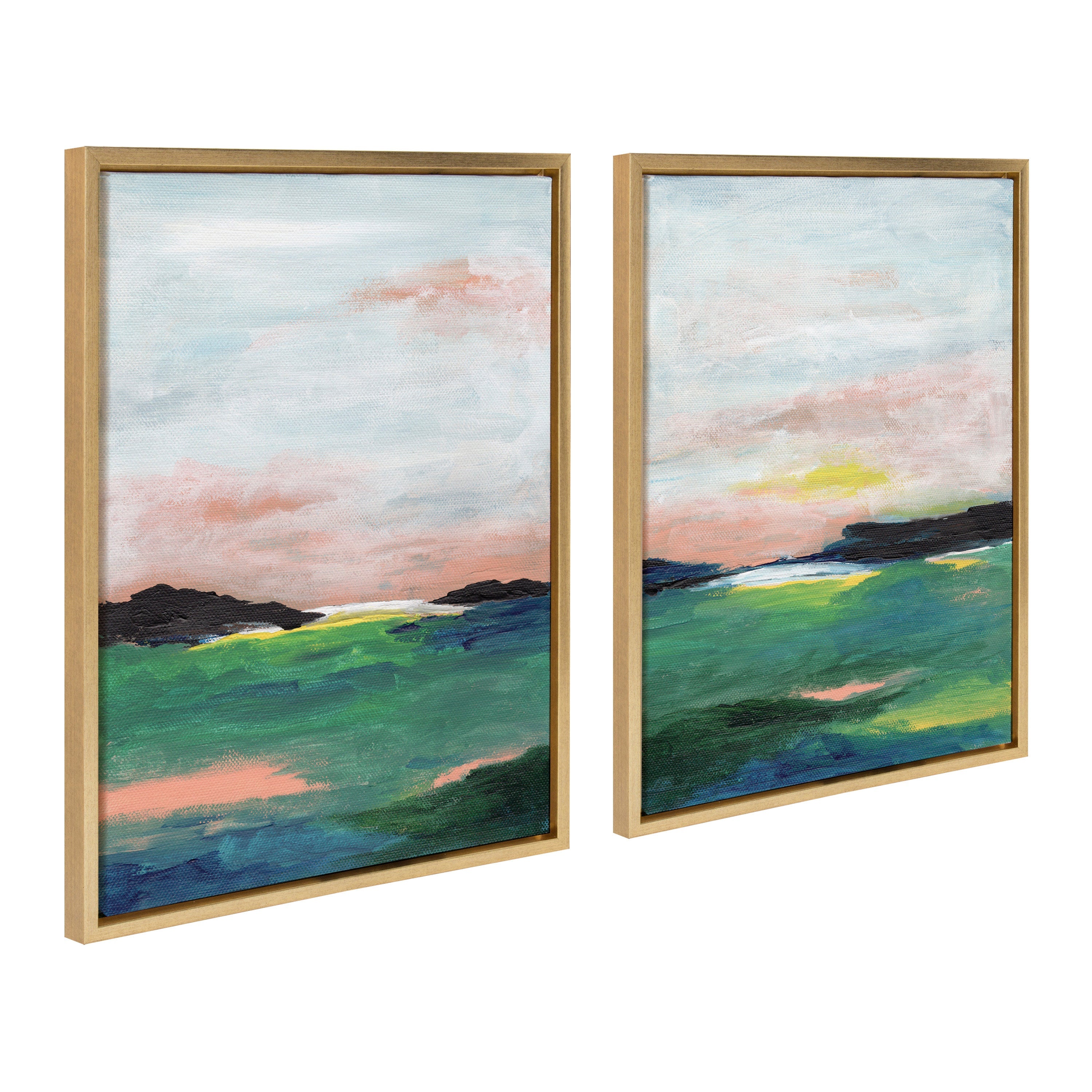 Sylvie Golden Peach Coast l and II Framed Canvas Art Set showing two framed canvases with peach and golden hues