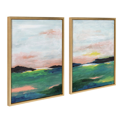 Sylvie Golden Peach Coast l and II Framed Canvas Art Set showing two framed canvases with peach and golden hues