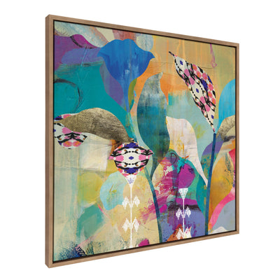 Sylvie Abstract Flower Love framed canvas art showing colorful abstract flowers with a gold frame hanging on a wall.