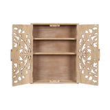 Light wood wall cabinet with two open doors featuring intricate carved floral patterns and an interior shelf dividing the storage space into two compartments.