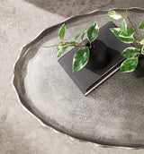 Oval silver-toned tray with a textured surface and irregular edges, holding a black vase with green and white variegated leaves on a concrete floor.
