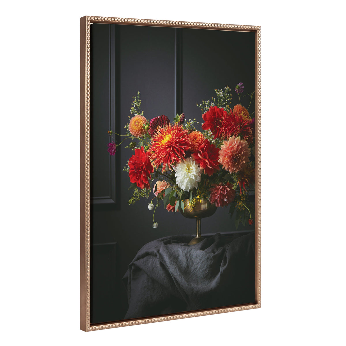 Tall canvas print of a vibrant floral arrangement with red, orange, and white flowers in a golden vase on a dark draped cloth against a charcoal panel background.