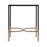 Square metal side table frame with black upper legs and golden lower legs, connected by curved golden crossbars at the base, shown against white background.