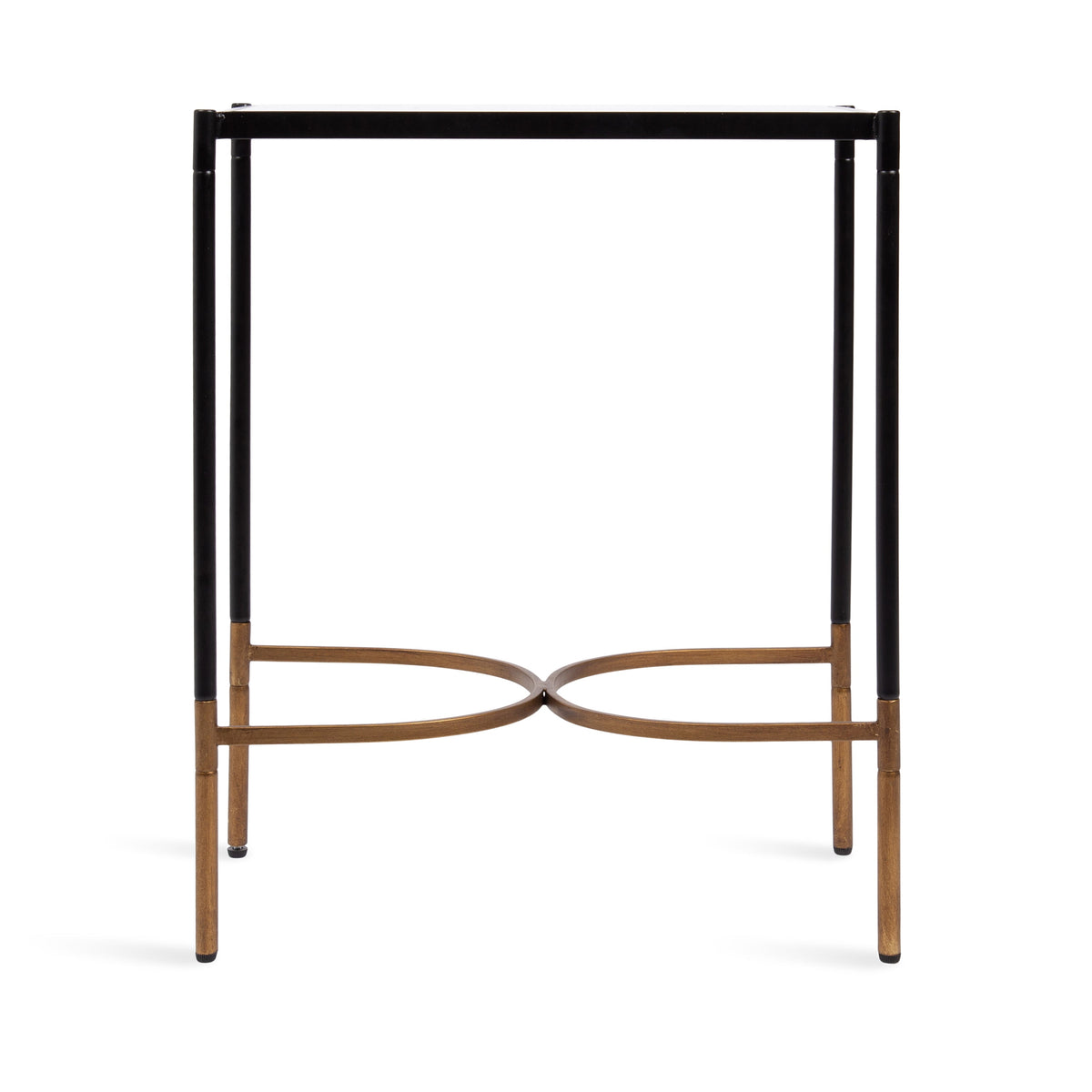 Square metal side table frame with black upper legs and golden lower legs, connected by curved golden crossbars at the base, shown against white background.