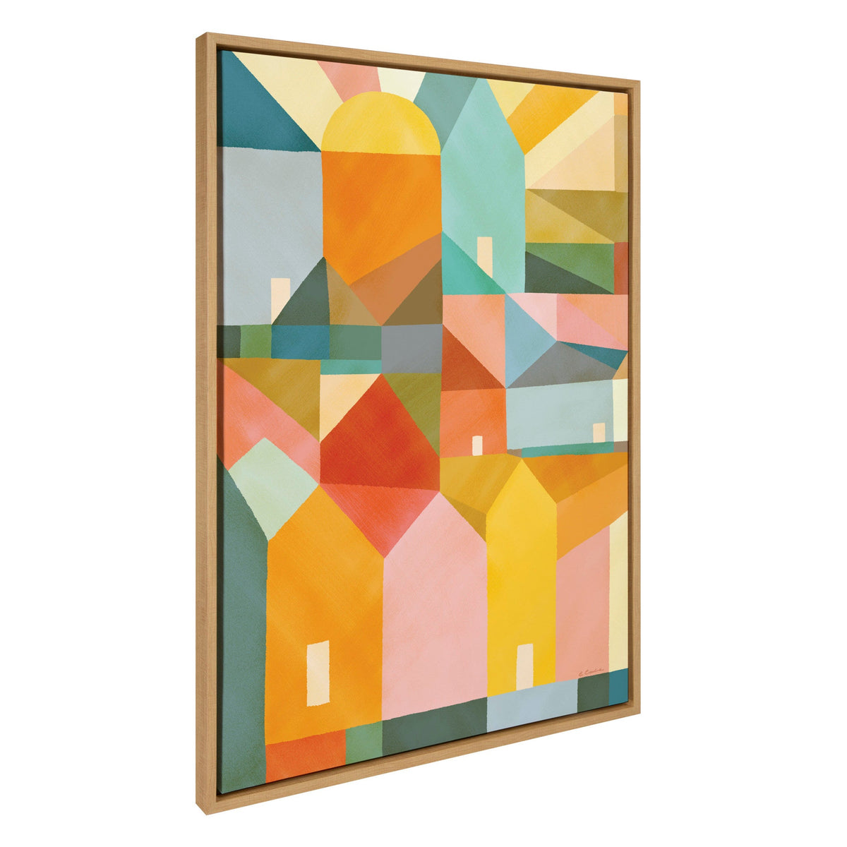 Sylvie Quiet Town Framed Canvas showing an abstract colorful neighborhood artwork by Carey Copeland