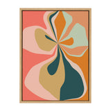 Abstract hibiscus flower with layered petals in earthy tones of coral, teal, gold, mint, and peach within a light wood frame.