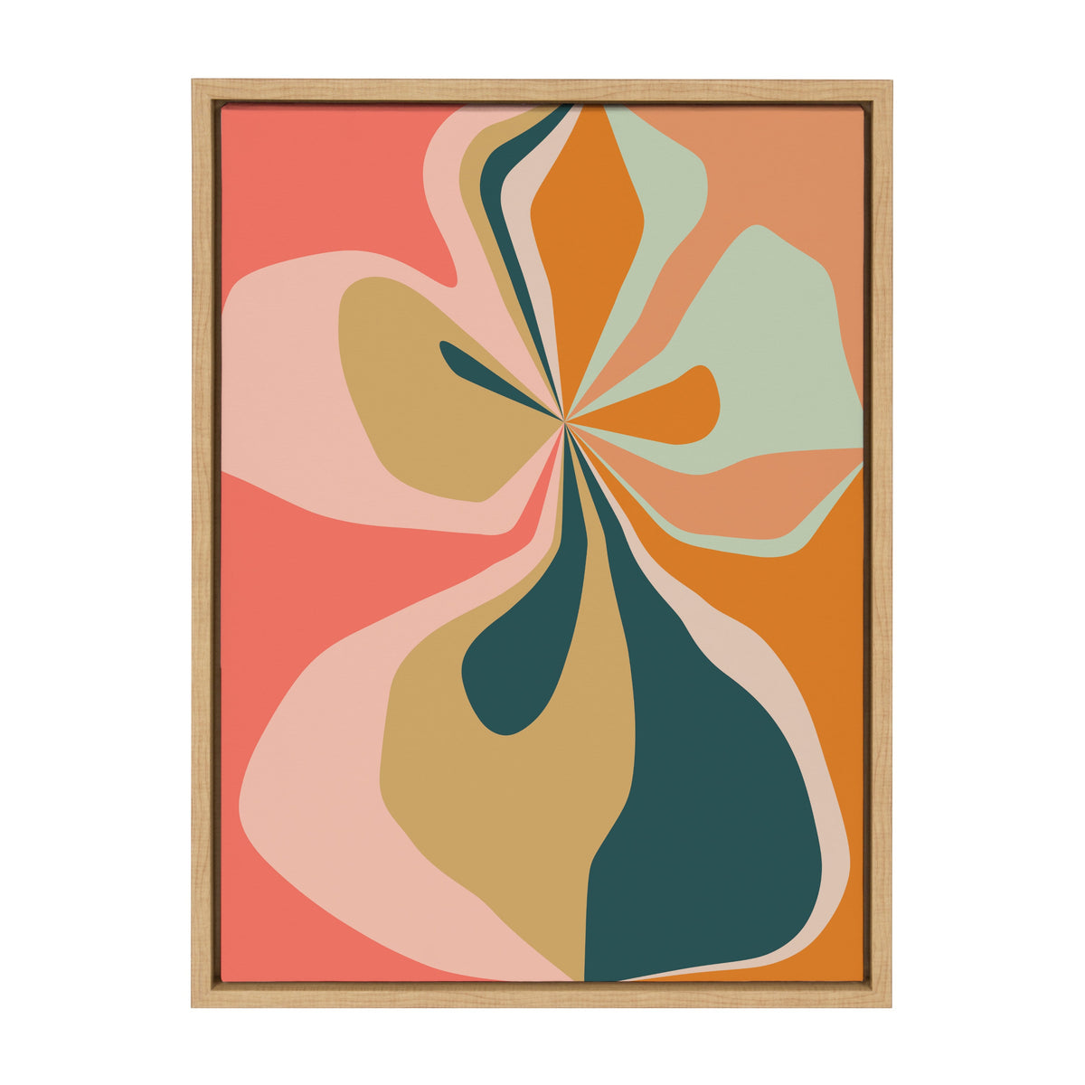 Abstract hibiscus flower with layered petals in earthy tones of coral, teal, gold, mint, and peach within a light wood frame.