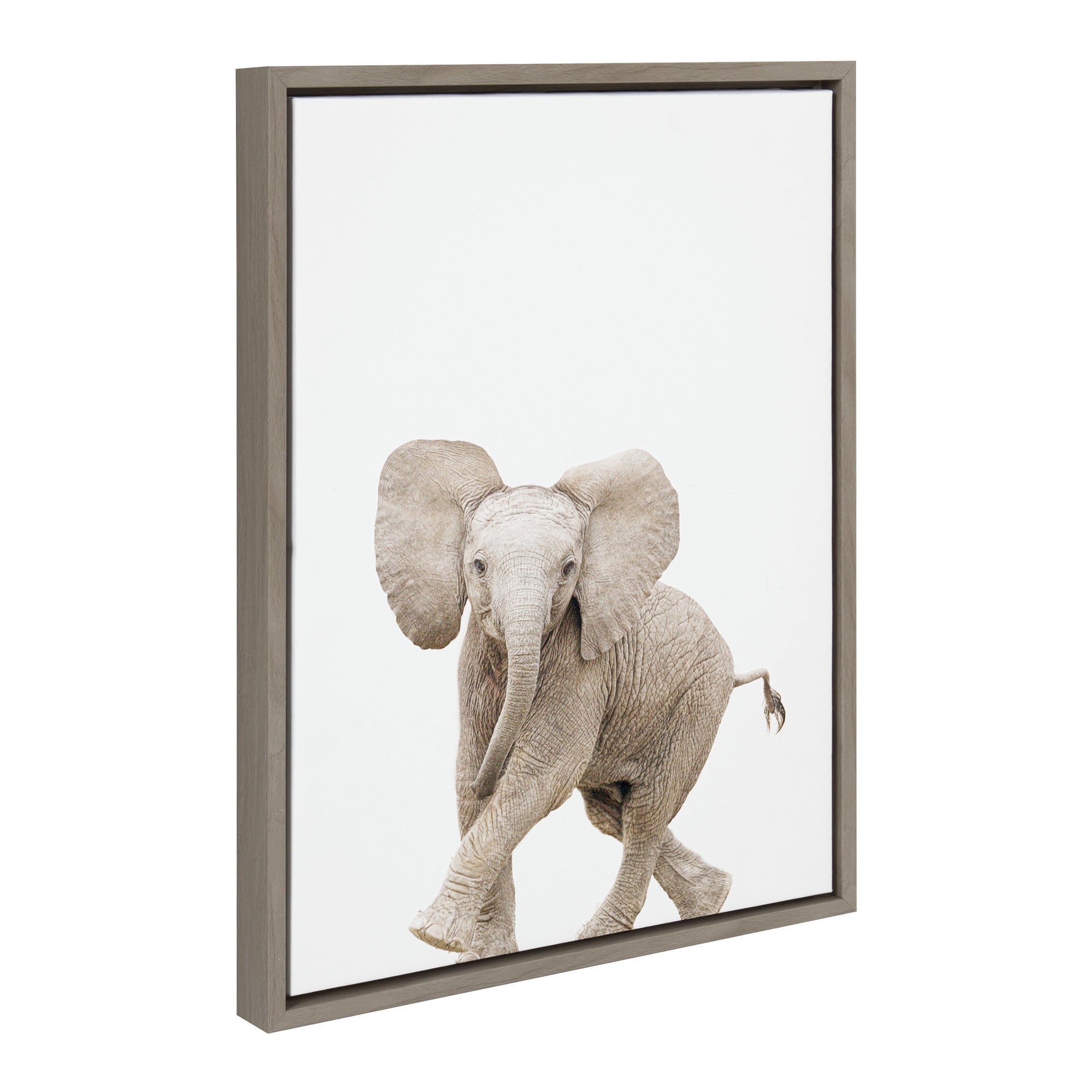Sylvie Baby Elephant Walk framed canvas art showing a baby elephant in subdued tones with a light polystyrene frame.