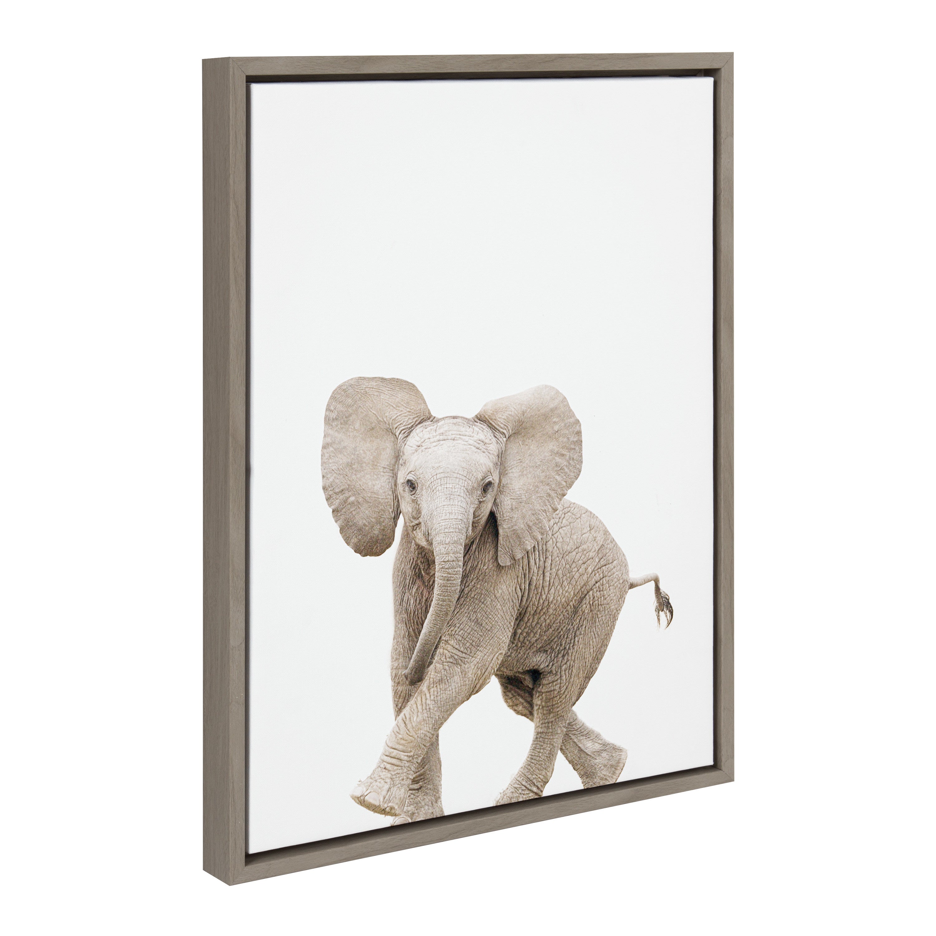Sylvie Baby Elephant Walk framed canvas art showing a baby elephant in subdued tones with a light polystyrene frame.