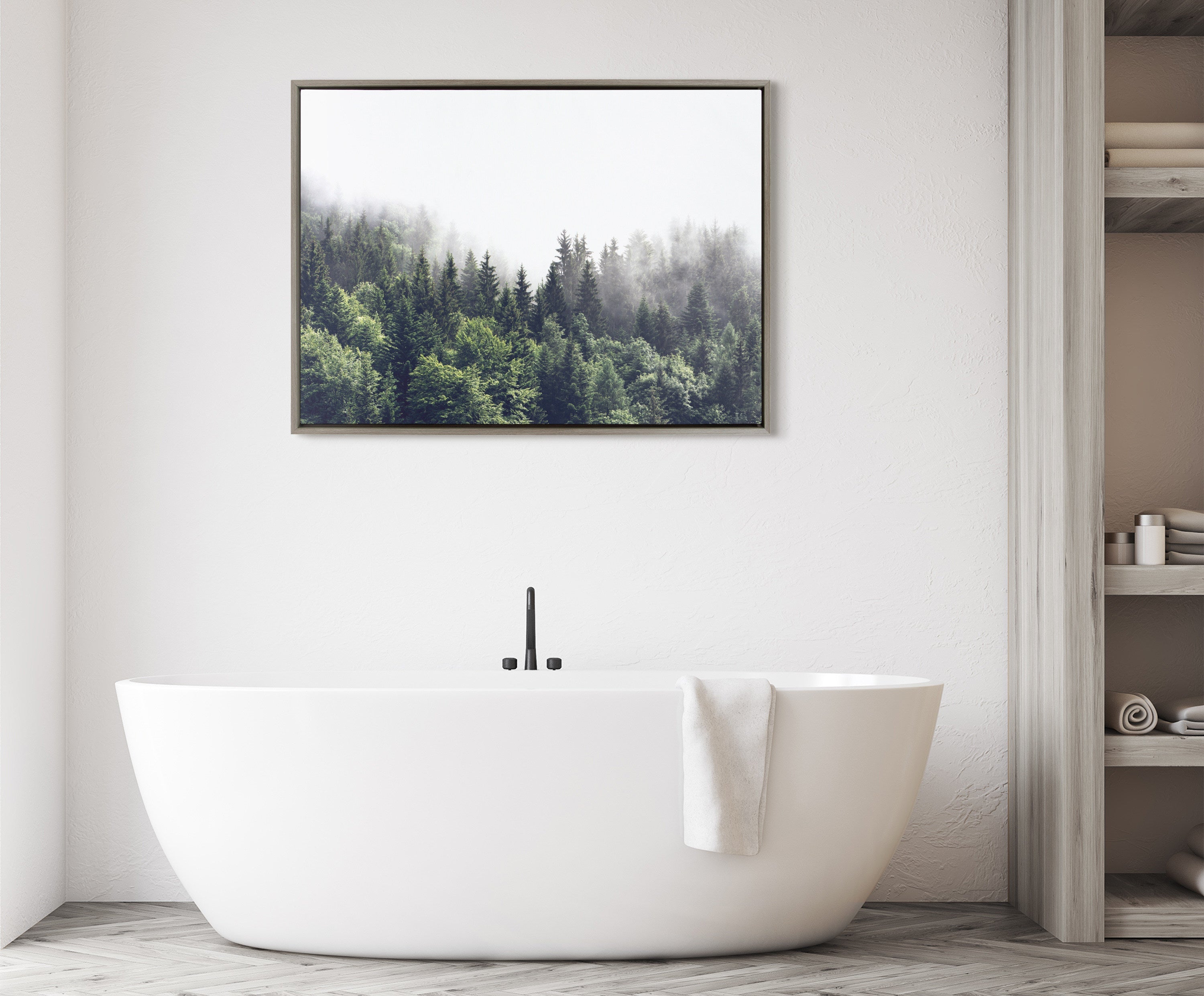 Sylvie Lush Green Forest On A Foggy Day Framed Canvas