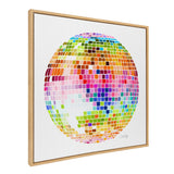 Sylvie Rainbow Disco Ball Framed Canvas Art by Cat Coquillette, showing bright multicolored disco ball on black background in a light frame