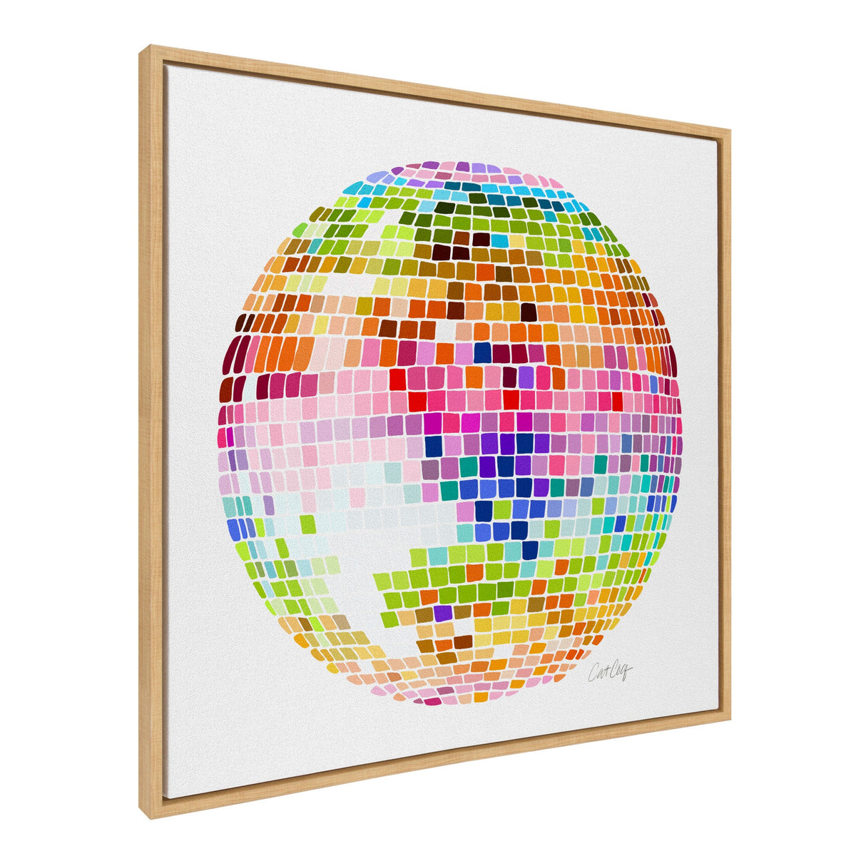 Sylvie Rainbow Disco Ball Framed Canvas Art by Cat Coquillette, showing bright multicolored disco ball on black background in a light frame