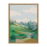 Stylized landscape painting of layered green and blue mountains under a pale blue sky with soft white clouds, framed in light wood.