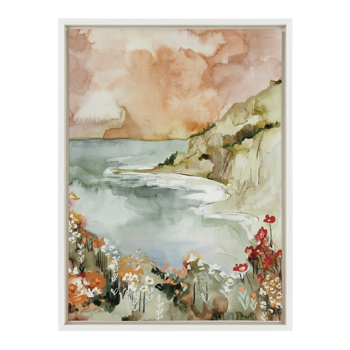 Watercolor landscape of a coastal scene with cliffs on the right, wildflowers in the foreground, and a cloudy orange and beige sky.