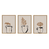 Three framed minimalist canvas prints each showing a simple black and white outlined vase with a single stylized brown leaf against a beige background, arranged side by side.