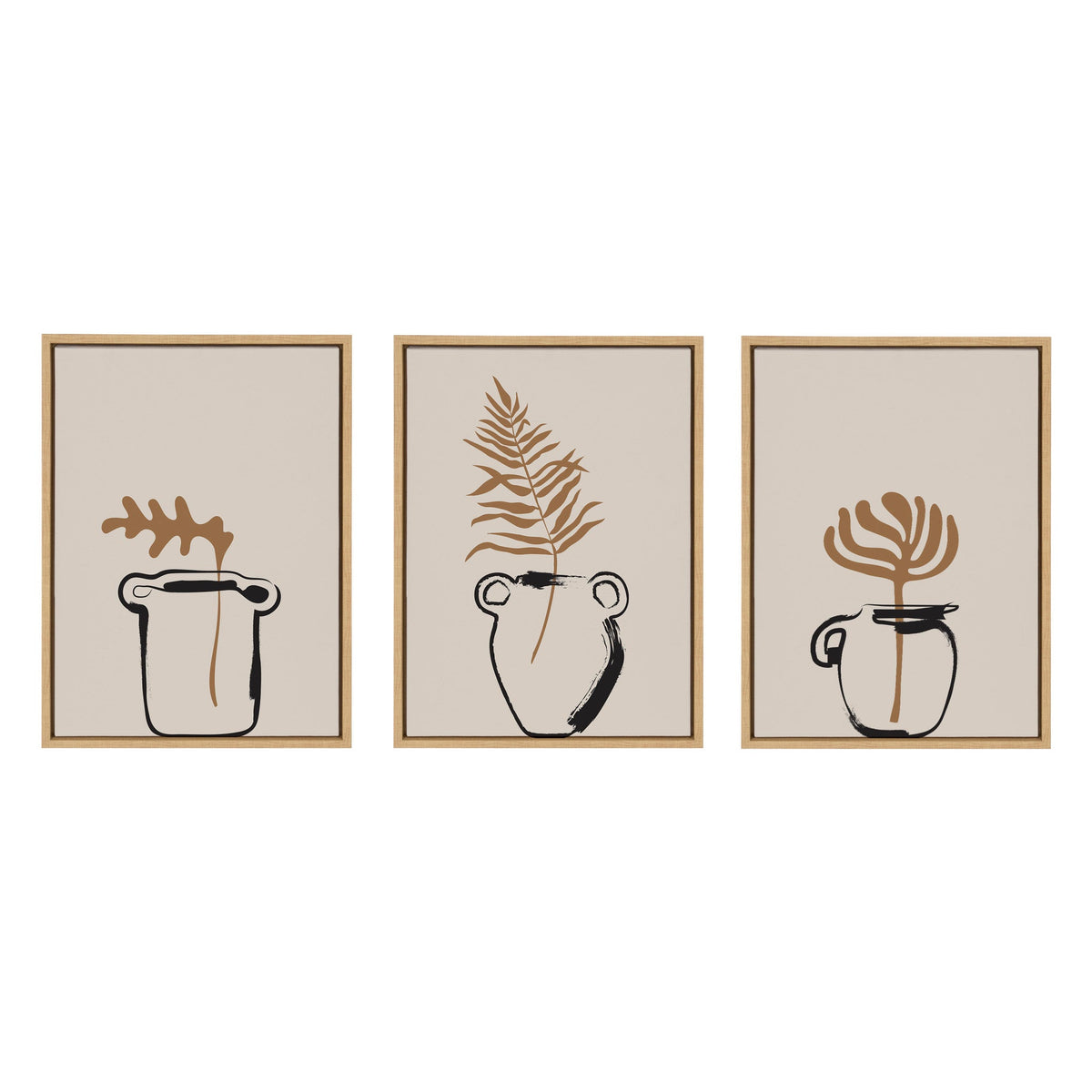 Three framed minimalist canvas prints each showing a simple black and white outlined vase with a single stylized brown leaf against a beige background, arranged side by side.