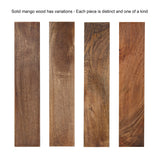 Four vertical solid mango wood planks showing distinct natural grain patterns and color variations from light to dark brown.