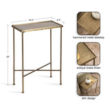 Slim side table with hammered metal tabletop and antique brass finish, featuring a minimalist frame with crossbar support and small round feet.