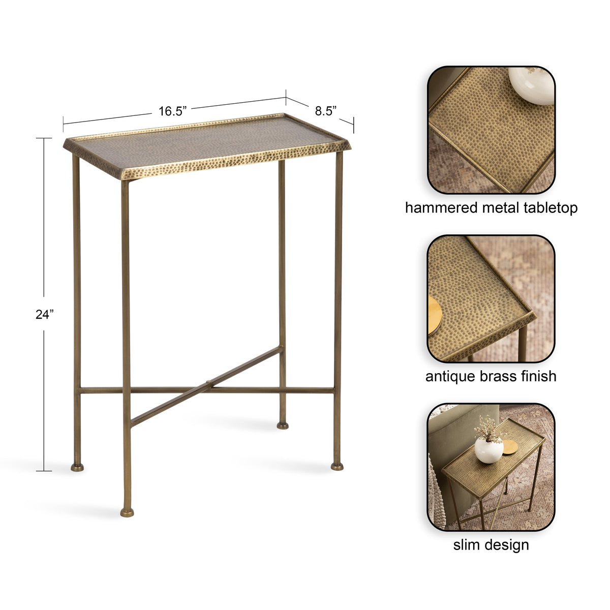 Slim side table with hammered metal tabletop and antique brass finish, featuring a minimalist frame with crossbar support and small round feet.