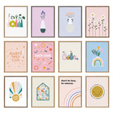Twelve framed minimalist artworks arranged in a 3x4 grid featuring pastel colors, simple floral designs, motivational text, and abstract shapes on soft backgrounds.