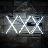 XXX Neon Signs illuminated against a dark background, showcasing bright neon glow with acrylic backing and hanging chain