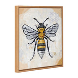 Painting of a bee with detailed black and yellow stripes and light grey wings, set against a textured beige background with a honeycomb pattern in the top right corner, framed in a wooden frame.