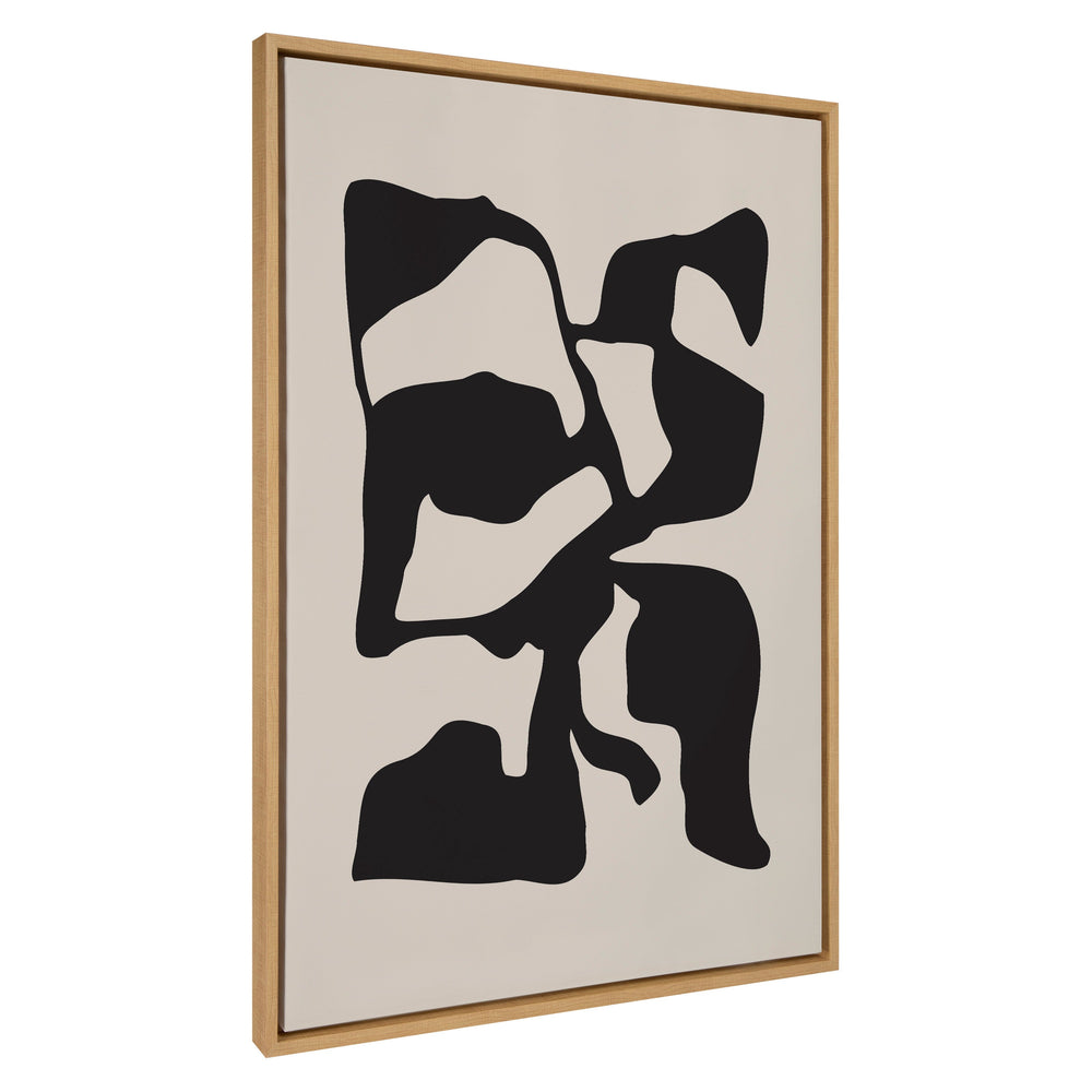 Sylvie Distorted Shapes of Black and Tan framed canvas art with black and tan abstract shapes on a muted background