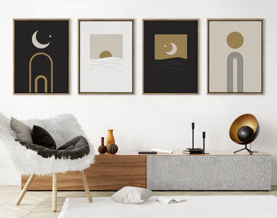 Sylvie Boho Minimalist Sunrise Rainbow and Moon Arches Framed Canvas Art Set