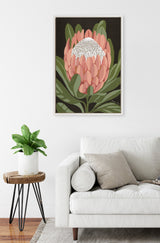 Framed canvas of a stylized protea flower with coral petals and white center on a black background, hanging above a white sofa with neutral pillows and a wooden side table with a green plant.
