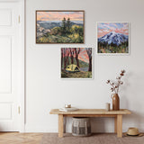 Three landscape paintings on a white wall above a wooden bench, depicting a pine trees sunrise, a snow-capped mountain, and a yellow tent in a forest at sunset.