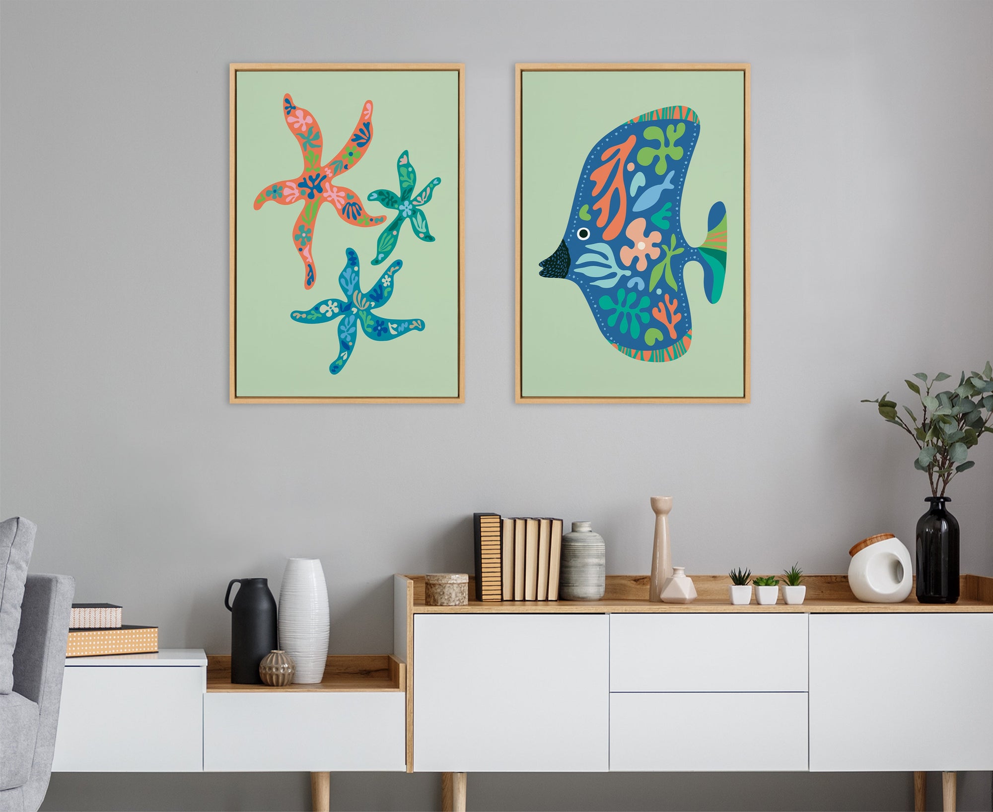 Sylvie Modern Colorful Starfish and Tropical Fish Framed Canvas Art Set by Rachel Lee