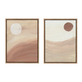 Two framed abstract canvases each with a large circular shape above rolling horizontal bands of soft beige and brown tones, resembling moons over desert landscapes.
