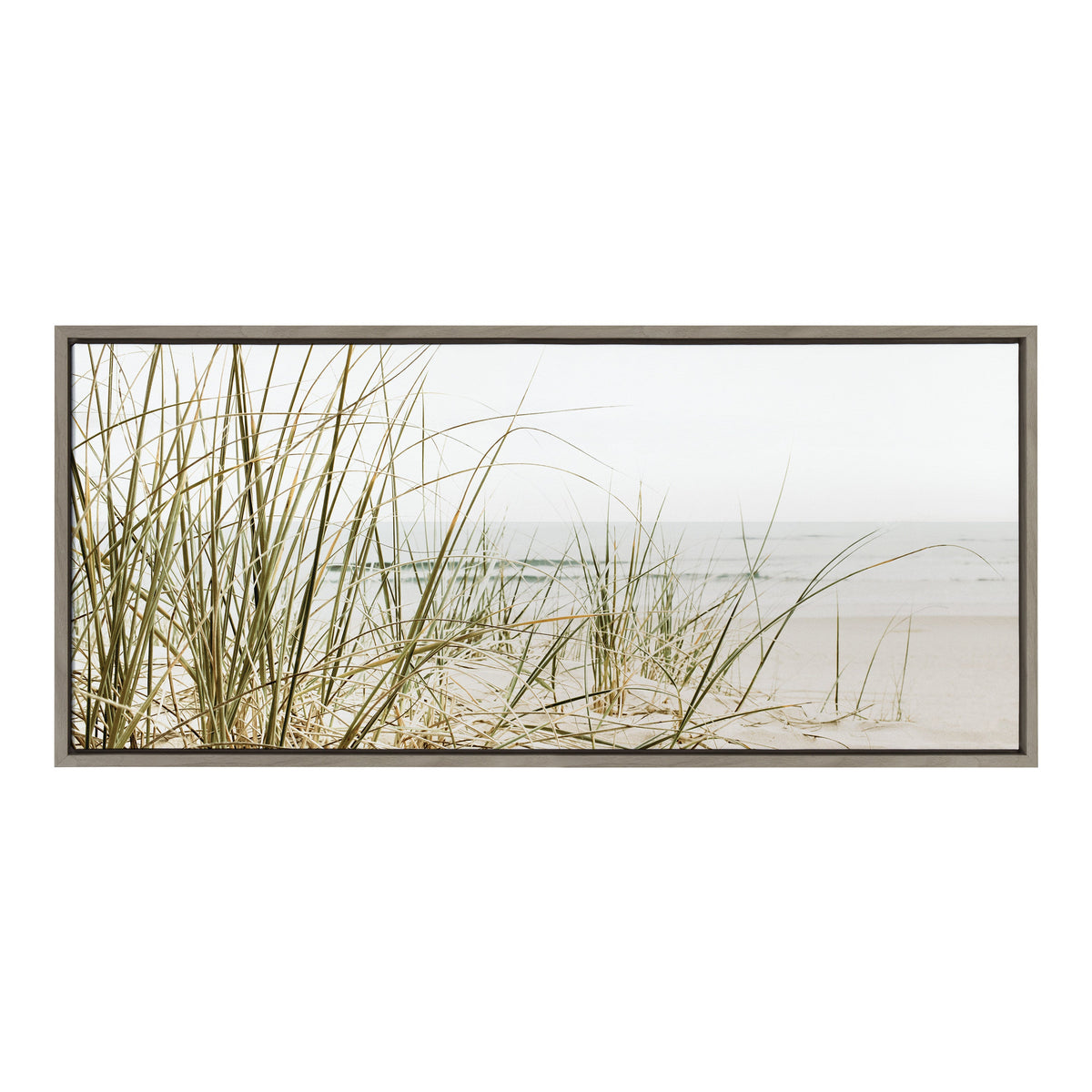 Framed canvas of sparse beach grass with light green and tan hues on sand against a pale sky and distant ocean horizon in soft, muted tones.