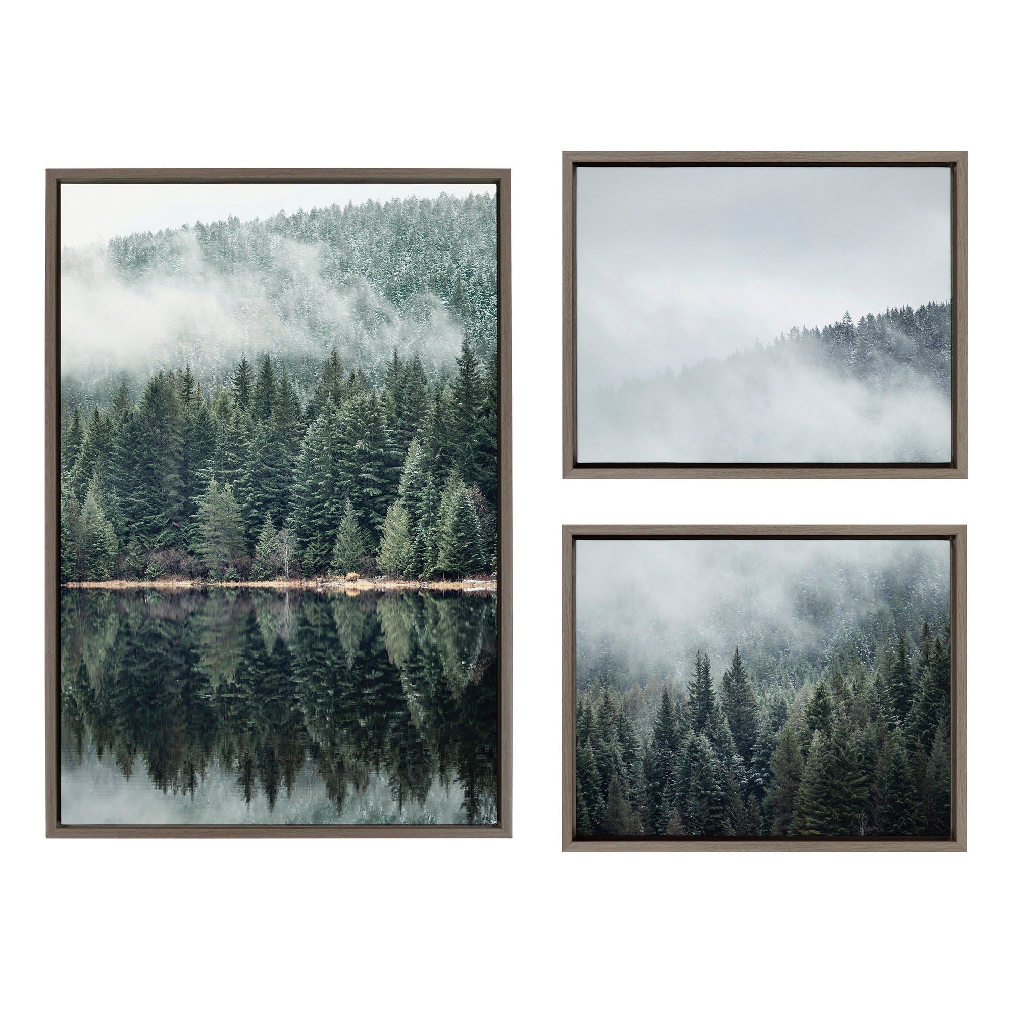 Three-piece framed canvas art set depicting evergreen mountain reflections in fog by Emiko and Mark Franzen
