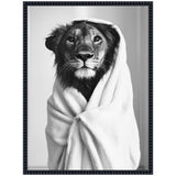 Black and white portrait of a lion wrapped snugly in a soft, fluffy towel, gazing forward with calm, expressive eyes in a close-up composition.
