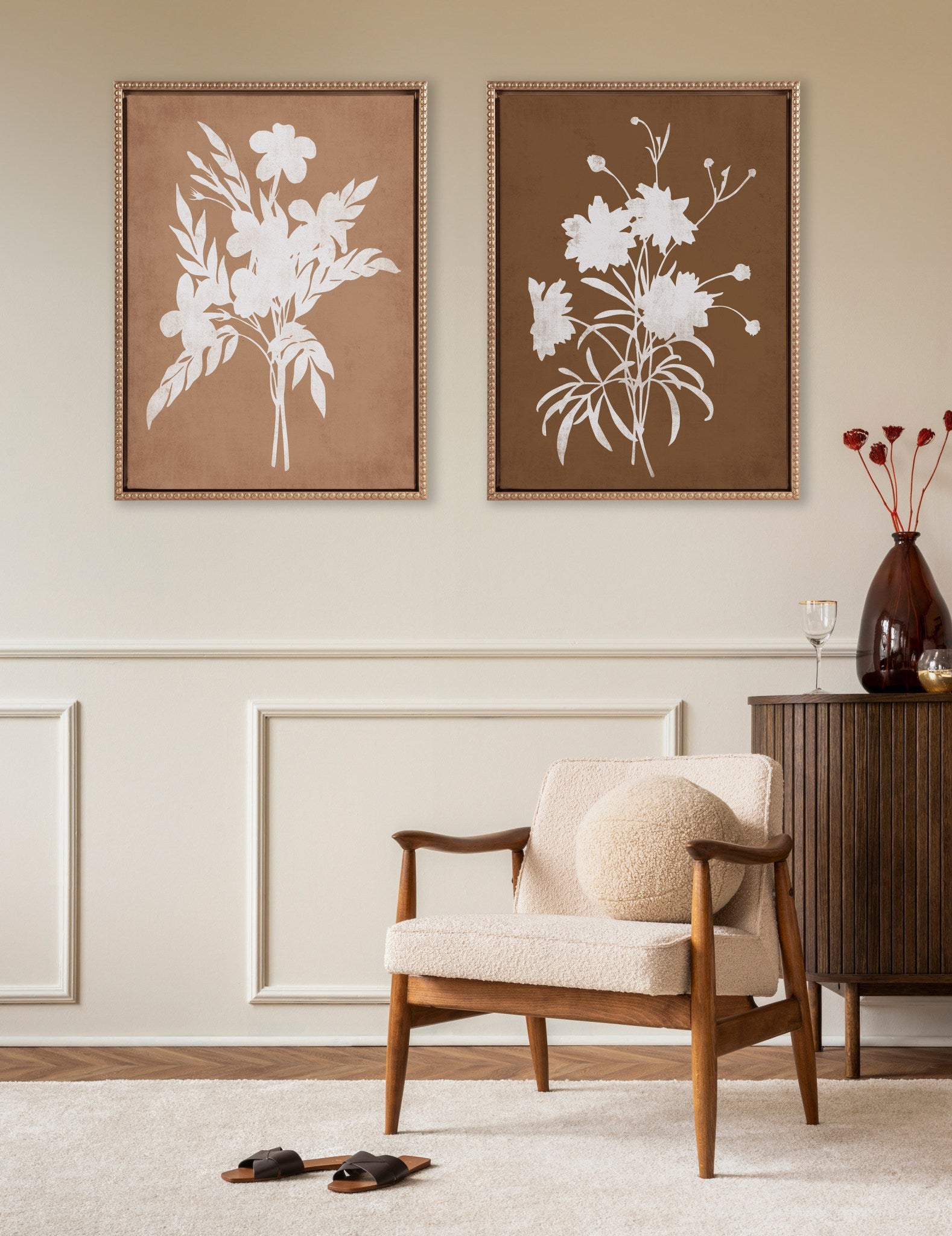 Sylvie Beaded Spring Floral Silhouette 2 Clay White and Spring Floral Silhouette 11 Bark White Framed Canvas Art Set by Heather Dutton